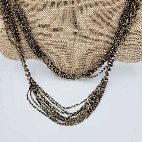 Vtg Layered Chain Necklace 28" Gold Tone Beaded Rhinestone Accent Rustic Rocker - Picture 6 of 12